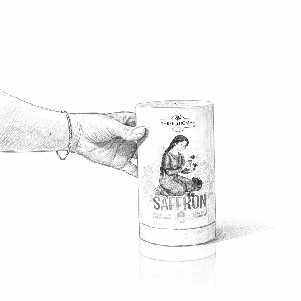 A pencil-sketch illustration of a hand holding a Three Stigmas saffron canister